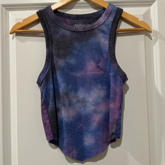 Rebellious One Tops - Clearance Rebellious One Ribbed Cropped Tank Navy Blue & Purple Tie Dye Small